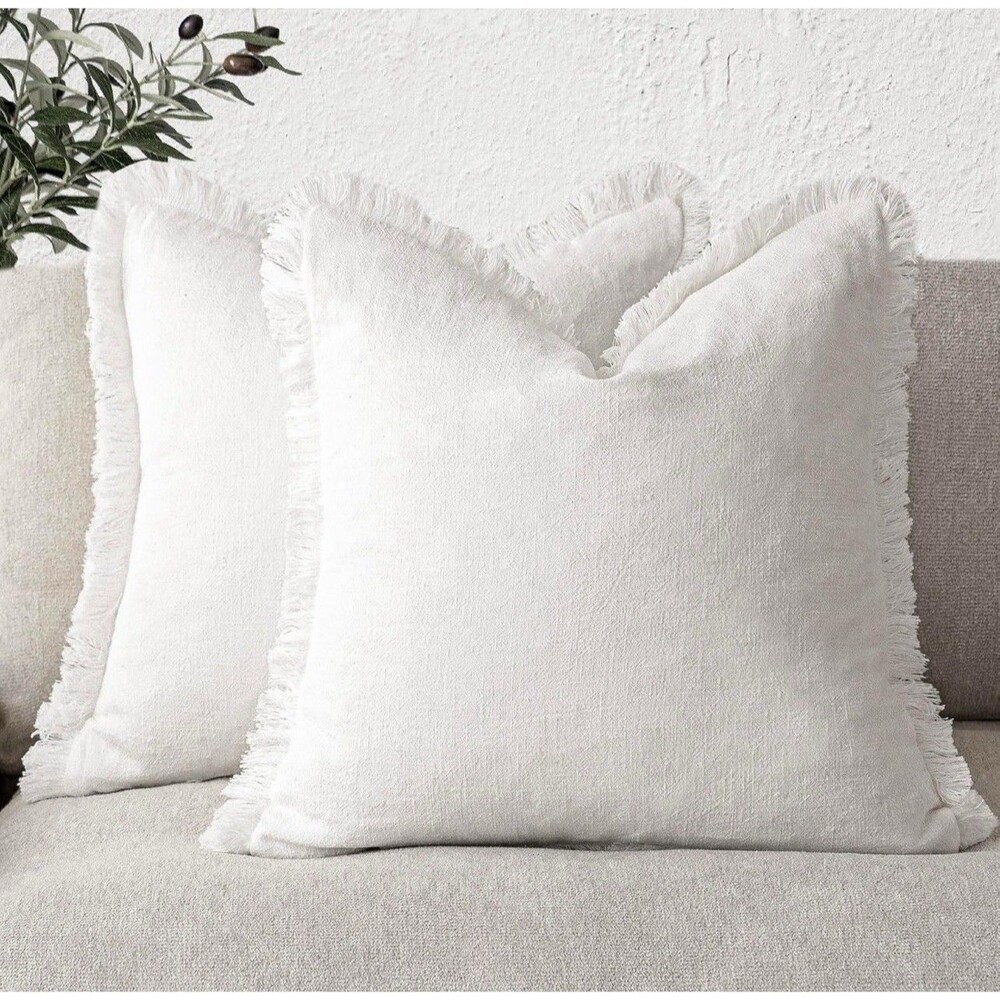 Foindtower Set of 2 Decorative Linen Fringe Throw Pillow Covers Cozy Boho 26x26”
